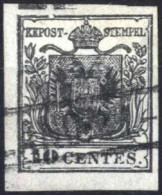 O 1850, 10 Cent. Nero Carta A Mano Con Spazio Tipografico In Alto, Cert. Enzo Diena, Sass. 2g - Lombardo-Venetien