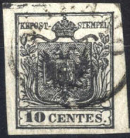 O 1850, 10 Cent. Nero Carta A Mano Con Spazio Tipografico In Alto, Sass. 2g - Lombardy-Venetia