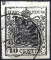 O 1850, 10 Cent. Nero Carta A Mano Con Spazio Tipografico In Alto, Sass. 2g - Lombardo-Veneto