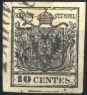 O 1850, 10 Cent. Nero Carta A Mano Con Spazio Tipografico In Basso, Firmato AD, Sass. 2g - Lombardo-Venetien