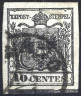 O 1850, 10 Cent. Nero Carta A Mano Con Spazio Tipografico In Basso, Firmato Sorani, Sass. 2g - Lombardo-Vénétie