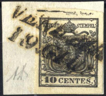 Piece 1850, Frammento Con 10 Cent. Nero Carta A Mano Con Spazio Tipografico In Alto, Firmato AD, Sass. 2g - Lombardo-Veneto