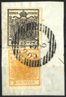 Piece 1850, Frammento Con 5 Cent. Giallo E 10 Cent. Nero Carta A Mano Con Spazio Tipografico In Basso, Sass. 1,2g - Lombardo-Veneto
