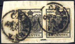 Delcampe - Piece 1850, Frammento Con Coppia 10 Cent. Nero Intenso Carta A Mano Con Spazio Tipografico In Basso, Sass. 2g - Lombardy-Venetia