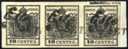 Piece 1850, Frammento Con Striscia Di Tre (tipo A+a+b) 10 Cent. Nero Intenso Carta A Mano Con Spazio Tipografico In Alto - Lombardy-Venetia