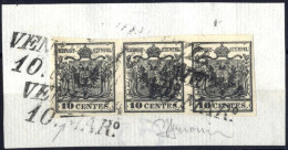 Piece 1850, Frammento Con Striscia Verticale Di Tre 10 Cent. Nero Carta A Mano Con Spazio Tipografico In Basso Sul Valor - Lombardy-Venetia