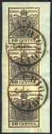 Piece 1850, Frammento Con Striscia Verticale Di Tre 10 Cent. Nero Intenso Carta A Mano Con Spazio Tipografico Tra Il Pri - Lombardy-Venetia