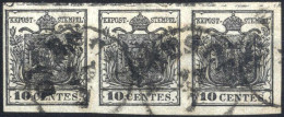 O 1850, Striscia Di Tre 10 Cent. Nero Carta A Mano Con Spazio Tipografico In Alto Su Tutti I Valori, Cert. Alberto Diena - Lombardo-Veneto