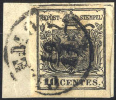 O 1850, Striscia Di Tre 10 Cent. Nero Carta A Mano Con Spazio Tipografico In Alto Sul Valore Di Destra, Sass. 2g - Lombardo-Vénétie