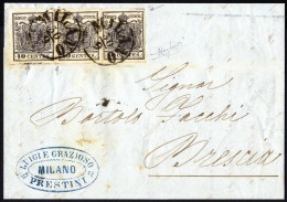 Cover 1856, Lettera Da Milano Del 30.9 Per Brescia Affrancata Con Tre 10 Cent. Nero Carta A Mano, Ciascuno Con Spazio Ti - Lombardo-Venetien