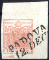 O 1850, 15 Cent. Rosa Tipo II, Carta A Mano, III Tavola, Bordo Di Foglio Superiore Destro (leggera Piega Orizzontale) E  - Lombardo-Vénétie