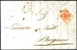 Cover 1850, Lettera Da Milano Del 4.6 Quarto Giorno D'uso Per Bergamo Affrancata Con 15 Cent Rosso Carta A Mano I Tipo P - Lombardije-Venetië