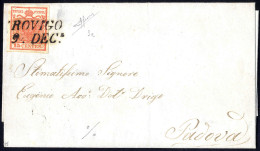 Cover 1850, 15 Cent. Rosso Vermiglio, Primo Tipo, Su Lettera Da Rovigo, Firm. A. Sorani (Sass. 3e - ANK 3HI) - Lombardo-Veneto