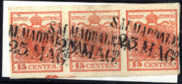 O 1850, 15 Cent. Rosso, Striscia Orizzontale Di Tre Mista Tipo I+I+IIa, Lieve Spazio Tipografico Orizzontale Inferiore,  - Lombardy-Venetia
