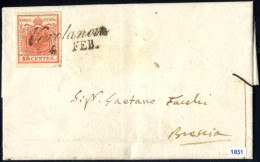 Cover 1851, Lettera Da Verolanova (Cor. 4 P) Del 4.2 Per Brescia Affrancata Con 15 C Rosso Vermiglio I Tipo Carta A Mano - Lombardo-Vénétie