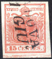 O 1850, 15 Cent. Rosso Vermiglio I Tipo Con Spazio Tipografico In Basso, Annullato (Pa)dova 1.6, Sass. 3ek - Lombardo-Veneto