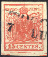 O 1850, 15 Cent. Rosso Vermiglio I Tipo Con Spazio Tipografico In Basso, FirmatoChiavarello, Cert. Raybaudi, Sass. 3ek - Lombardo-Venetien