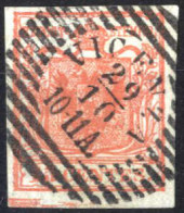 O 1850, 15 Cent. Rosso I Tipo Con Spazio Tipografico In Basso, Annullato Vicenza 29.10 10-11 A Sass. Punti 4, Firmato Ch - Lombardy-Venetia