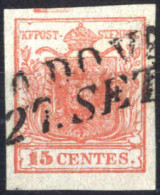 O 1850, 15 Cent. Rosso I Tipo Con Spazio Tipografico In Alto, Firmato Vaccari E AD, Sass. 3k - Lombardo-Venetien