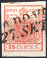 O 1850, 15 Cent. Rosso I Tipo Con Spazio Tipografico In Alto, Firmato Vaccari E AD, Sass. 3k - Lombardo-Veneto