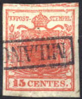 O 1850, 15 Cent. Rosso I Tipo Con Spazio Tipografico In Alto, Sass. 3k - Lombardo-Vénétie