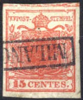 O 1850, 15 Cent. Rosso I Tipo Con Spazio Tipografico In Alto, Sass. 3k - Lombardo-Veneto