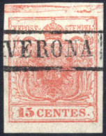 O 1850, 15 Cent. Rosso I Tipo Con Spazio Tipografico In Alto, Sass. 3k - Lombardy-Venetia