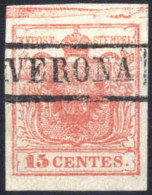 O 1850, 15 Cent. Rosso I Tipo Con Spazio Tipografico In Alto, Sass. 3k - Lombardo-Veneto