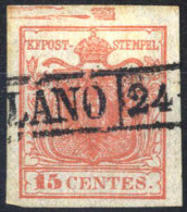 O 1850, 15 Cent. Rosso I Tipo Con Spazio Tipografico In Alto, Sass. 3k - Lombardo-Venetien