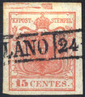 O 1850, 15 Cent. Rosso I Tipo Con Spazio Tipografico In Alto, Sass. 3k - Lombardo-Veneto