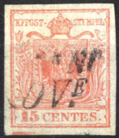 O 1850, 15 Cent. Rosso I Tipo Con Spazio Tipografico In Basso E Leggero Decalco, Sass. 3 I+k - Lombardo-Veneto