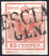 O 1850, 15 Cent. Rosso I Tipo Con Spazio Tipografico In Basso, Sass. 3k - Lombardo-Vénétie