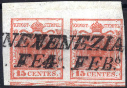 O 1850, Coppia 15 Cent. Rosso I Tipo Con Spazio Tipografico In Basso, Angolo Superiore Sinistro, Sass. 3k - Lombardo-Veneto