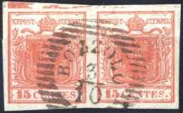 O 1850, Coppia 15 Cent. Rosso I Tipo Con Spazio Tipografico In Alto, Piccolissimo Taglietto In Alto Tra I Due Valori, Sa - Lombardo-Venetien