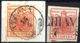 Delcampe - O/piece 1850, Frammento Con 15 Cent. Rosso I Tipo Con Spazio Tipografico In Alto, Più Un Valore 15 Cent. Rosso Tipo I Co - Lombardo-Vénétie