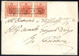 Cover 1851, Lettera Da Bergamo Il 4.6 Per Padova Affrancata Con Striscia Di Tre Del 15 Cent. Rosso Vermiglio Intenso Tip - Lombardo-Venetien