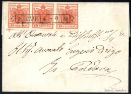 Cover 1851, Lettera Da Bergamo Il 4.6 Per Padova Affrancata Con Striscia Di Tre Del 15 Cent. Rosso Vermiglio Intenso Tip - Lombardy-Venetia