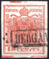 O 1850, 15 Cent. Rosso Tipo II, Carta A Mano, II Tavola, Annullo Parziale "BERGA(MO)", Con Spazio Tipografico Orizzontal - Lombardo-Vénétie
