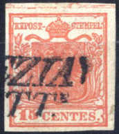 O 1850, 15 Cent. Rosso Tipo II, Carta A Mano, II Tavola, Con Spazio Tipografico Superiore Parzialmente Interrotto, Annul - Lombardo-Vénétie