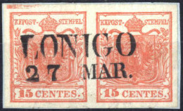 Piece 1850, Frammento Con Coppia 15 Cent. Rosso Vermiglio Mista I Tipo Con Spazio Tipografico In Alto Sul Valore Di Sini - Lombardy-Venetia