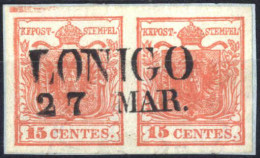 Piece 1850, Frammento Con Coppia 15 Cent. Rosso Vermiglio Mista I Tipo Con Spazio Tipografico In Alto Sul Valore Di Sini - Lombardo-Veneto