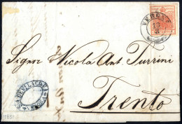 Cover 1851, Lettera Da Verona Del 12.8 Per Trento, Affrancata Con 15 Cent. Rosso Tipo II Carta A Mano, Cert. Goller, Sas - Lombardo-Veneto