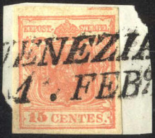 Piece 1851, Frammento Con 15 Cent. Rosa II Tipo Con Spazio Tipografico In Alto, Sass. 5f - Lombardo-Veneto