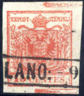 O 1850, 15 Cent. Rosso Tipo III, Carta A Mano, Con Spazio Tipografico Orizzontale Superiore E Inferiore E Parti Con Fili - Lombardy-Venetia