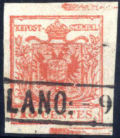 O 1850, 15 Cent. Rosso Tipo III, Carta A Mano, Con Spazio Tipografico Orizzontale Superiore E Inferiore E Parti Con Fili - Lombardo-Veneto
