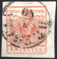 O 1852, 15 Cent. Rosso III Tipo Con Spazio Tipografico In Alto, Firmata Sorani, Sass. 6m - Lombardo-Venetien