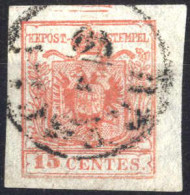 O 1852, 15 Cent. Rosso III Tipo Con Spazio Tipografico In Alto, Firmata Sorani, Sass. 6m - Lombardo-Veneto