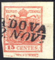 O 1852, 15 Cent. Rosso III Tipo Con Spazio Tipografico In Basso, Bordo Di Foglio A Destra, Sass. 6m - Lombardo-Veneto
