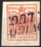 O 1852, 15 Cent. Rosso III Tipo Con Spazio Tipografico In Basso, Firmata AD, Sass. 6m - Lombardo-Venetien