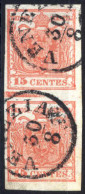 O/pair 1852, Coppia Verticale 15 Cent. Rosso III Tipo Con Spazio Tipografico In Mezzo, Sass. 6m - Lombardo-Venetien
